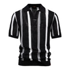 Men's Knit Polo Shirt Vertical Stripe Open Collar Top