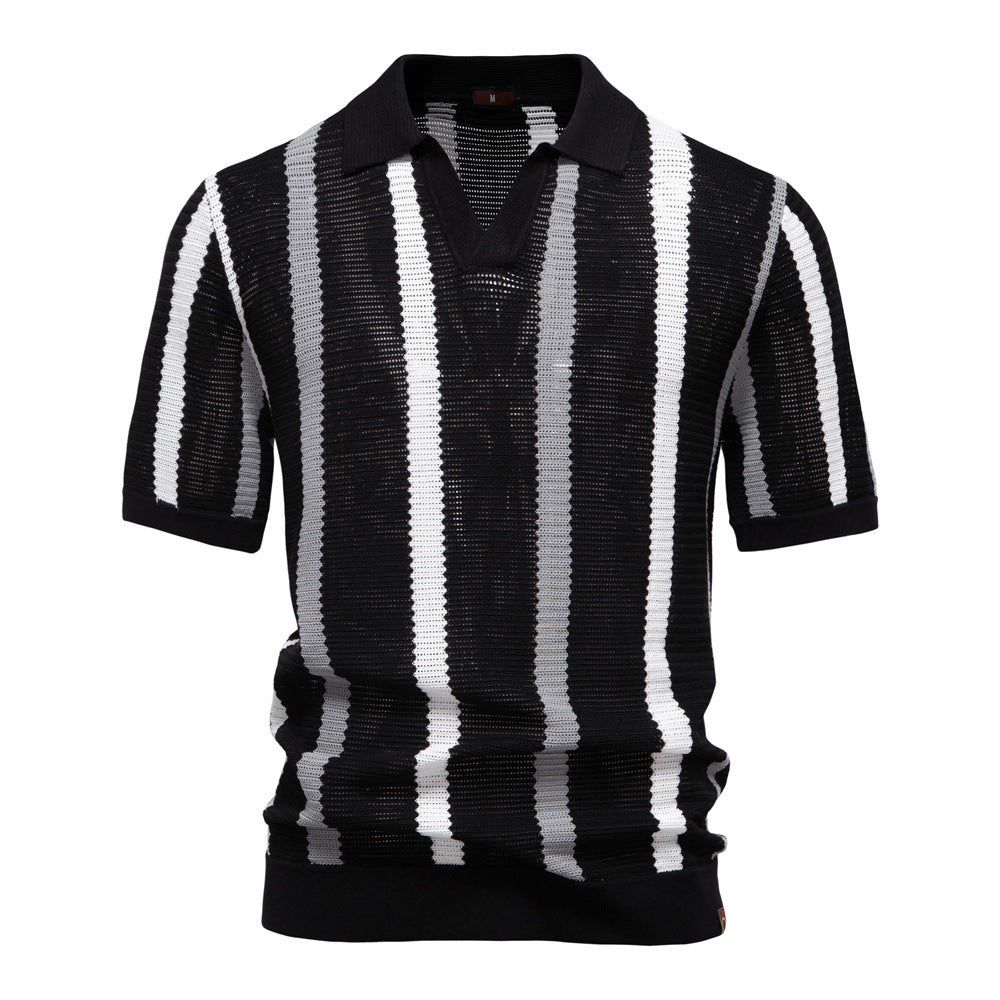 Men's Knit Polo Shirt Vertical Stripe Open Collar Top