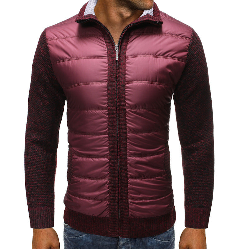 Men's Hybrid Zip Jacket with Knitted Sleeves and Padded Body - Wine Red