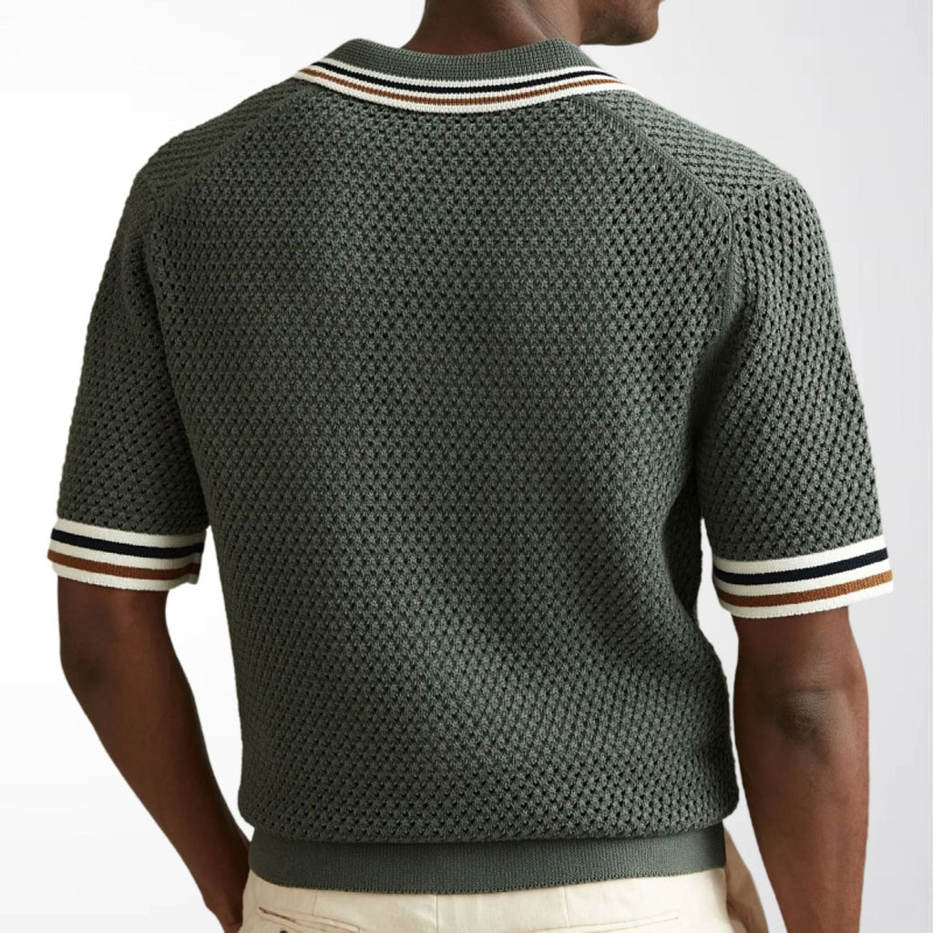 Men's Textured Knit Polo Shirt Striped Trim Button Front