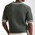 Men's Textured Knit Polo Shirt Striped Trim Button Front
