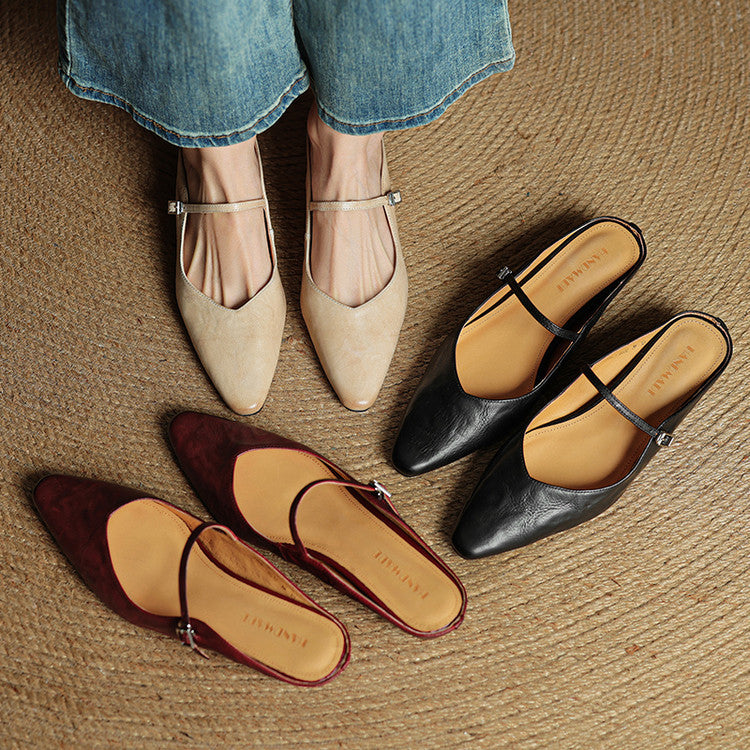 Women's Pointed Toe Strap Detail Slip-On Mule Flats