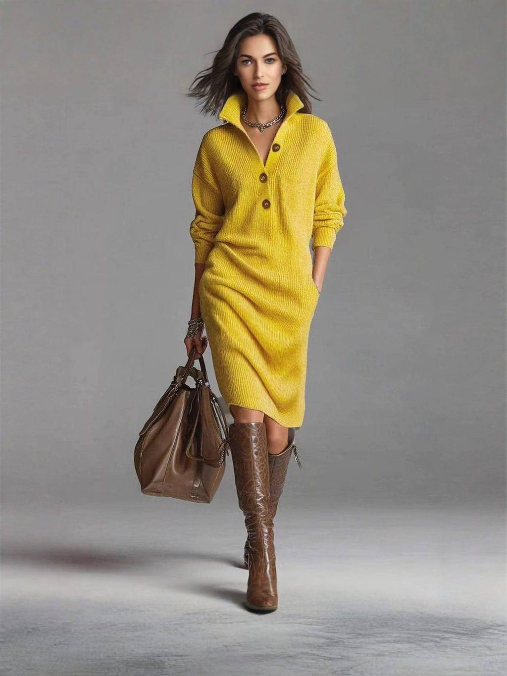 Women's Relaxed Rib Knit Dress with Buttoned Collar