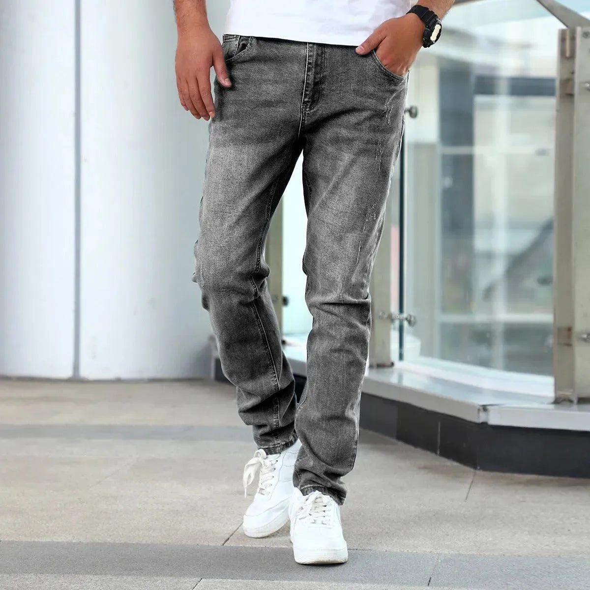 Men's Slim Taper Washed Denim Jeans with Stretch - Gray