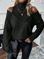 Women's Cold-Shoulder Turtleneck Sweater – Layered Knit