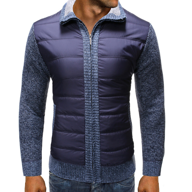 Men's Hybrid Zip Jacket with Knitted Sleeves and Padded Body - Blue