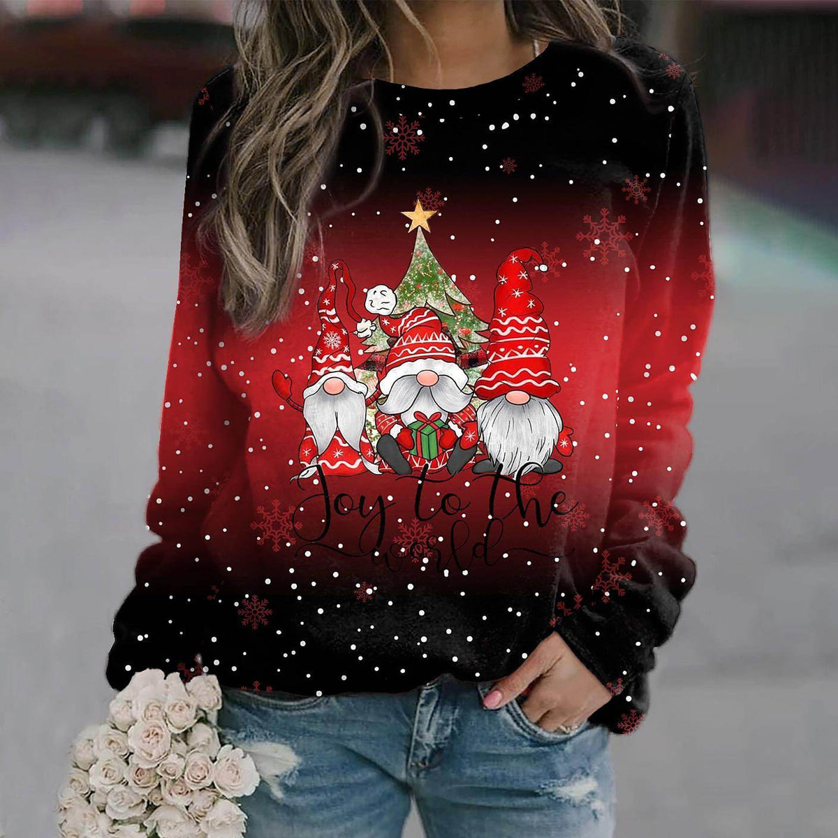 Women's Cheerful Gnome Long Sleeve Holiday Sweatshirt - Red