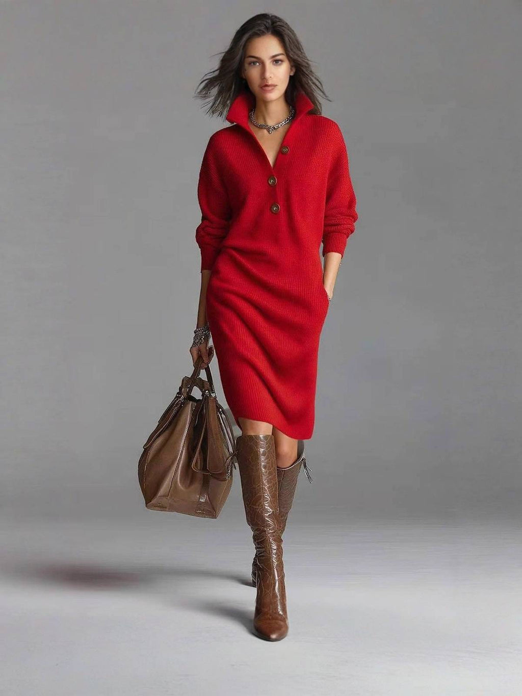 Women's Relaxed Rib Knit Dress with Buttoned Collar