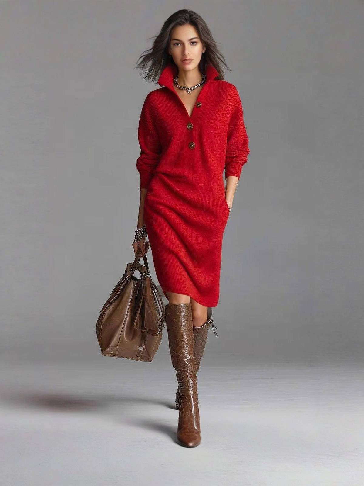 Women's Relaxed Rib Knit Dress with Buttoned Collar