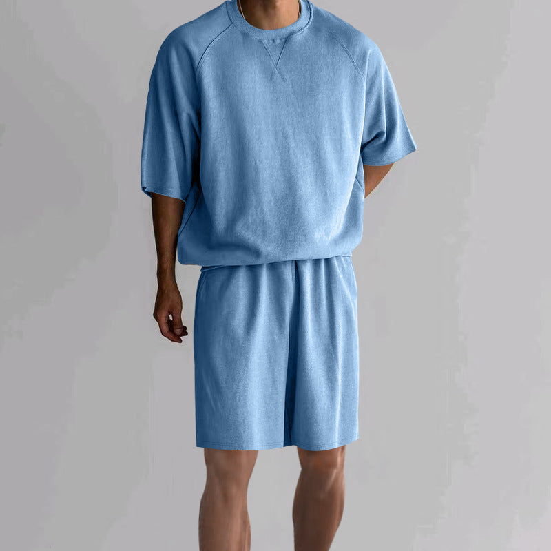 Men's Terry Drawstring Shorts and Relaxed Raglan T Shirt