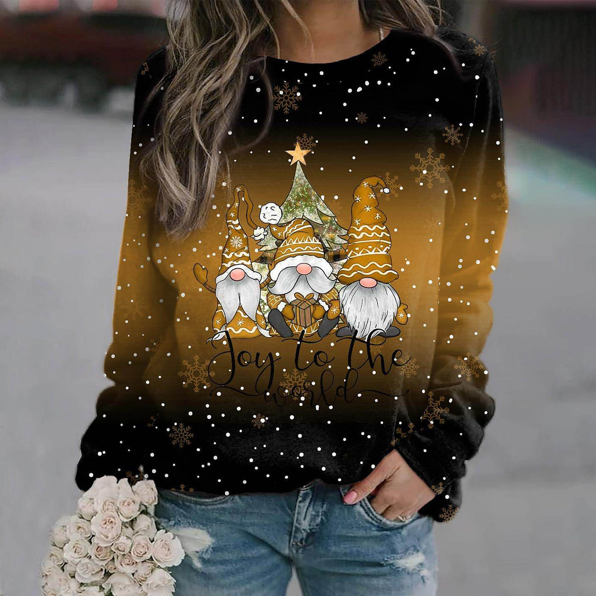 Women's Cheerful Gnome Long Sleeve Holiday Sweatshirt - Mustard Yellow