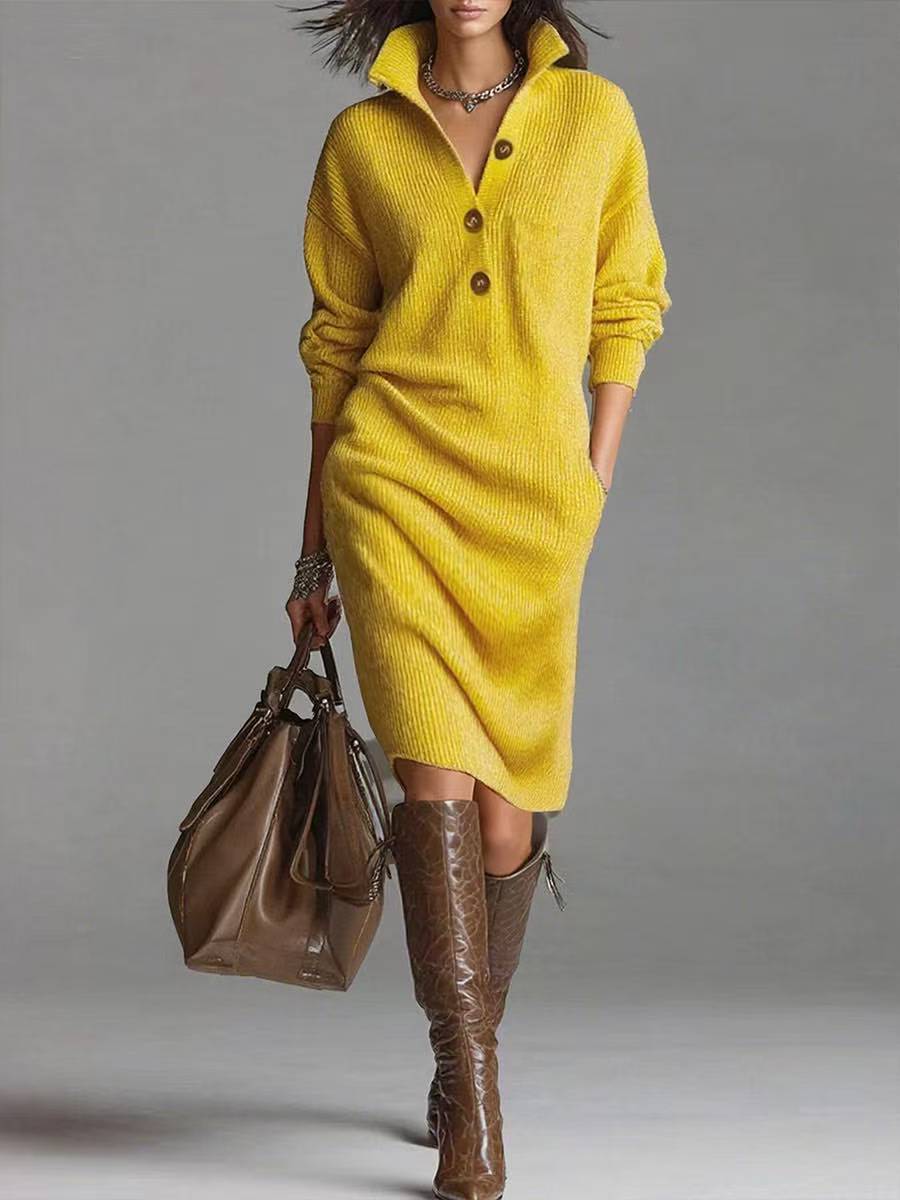 Women's Relaxed Rib Knit Dress with Buttoned Collar - Yellow