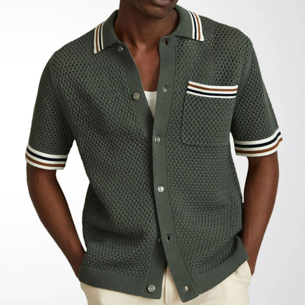 Men's Textured Knit Polo Shirt Striped Trim Button Front