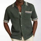 Men's Textured Knit Polo Shirt Striped Trim Button Front