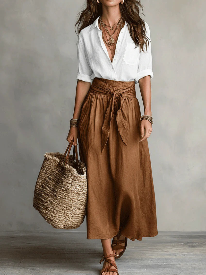 Women's Breathable Two-Piece Shirt and Flowing Skirt Outfit - Brown