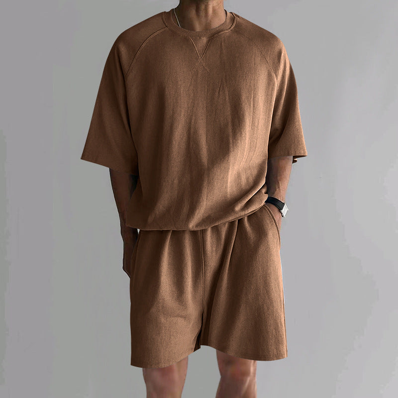 Men's Terry Drawstring Shorts and Relaxed Raglan T Shirt