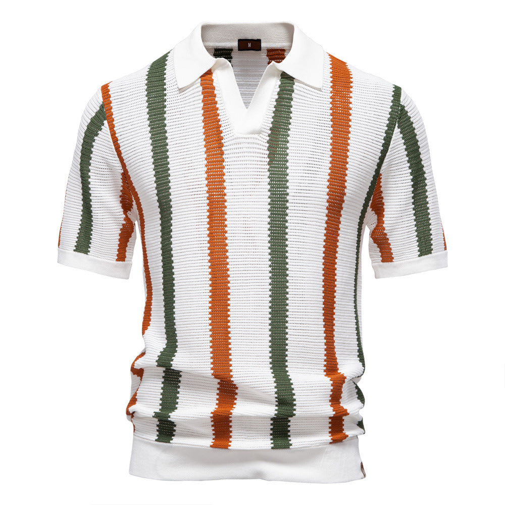 Men's Knit Polo Shirt Vertical Stripe Open Collar Top