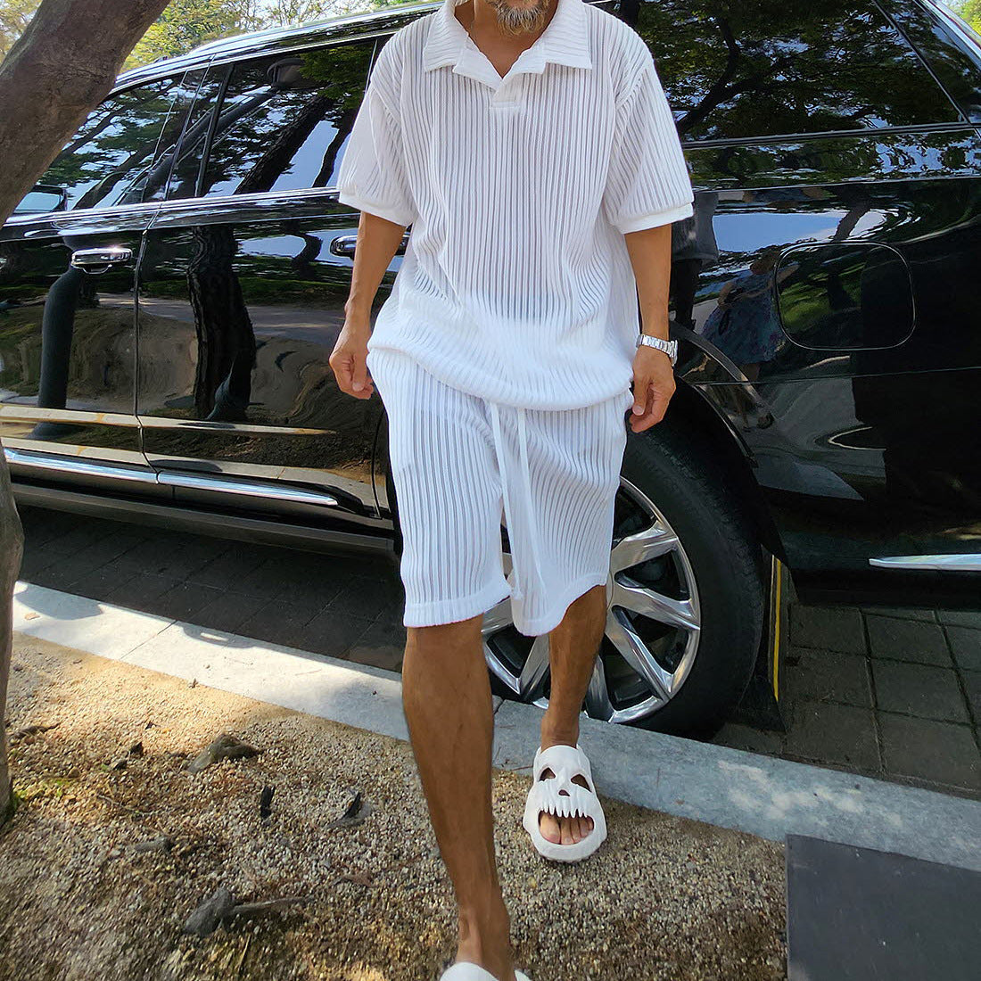 Men's Textured Knit Lounge Set Relaxed Summer Shirt