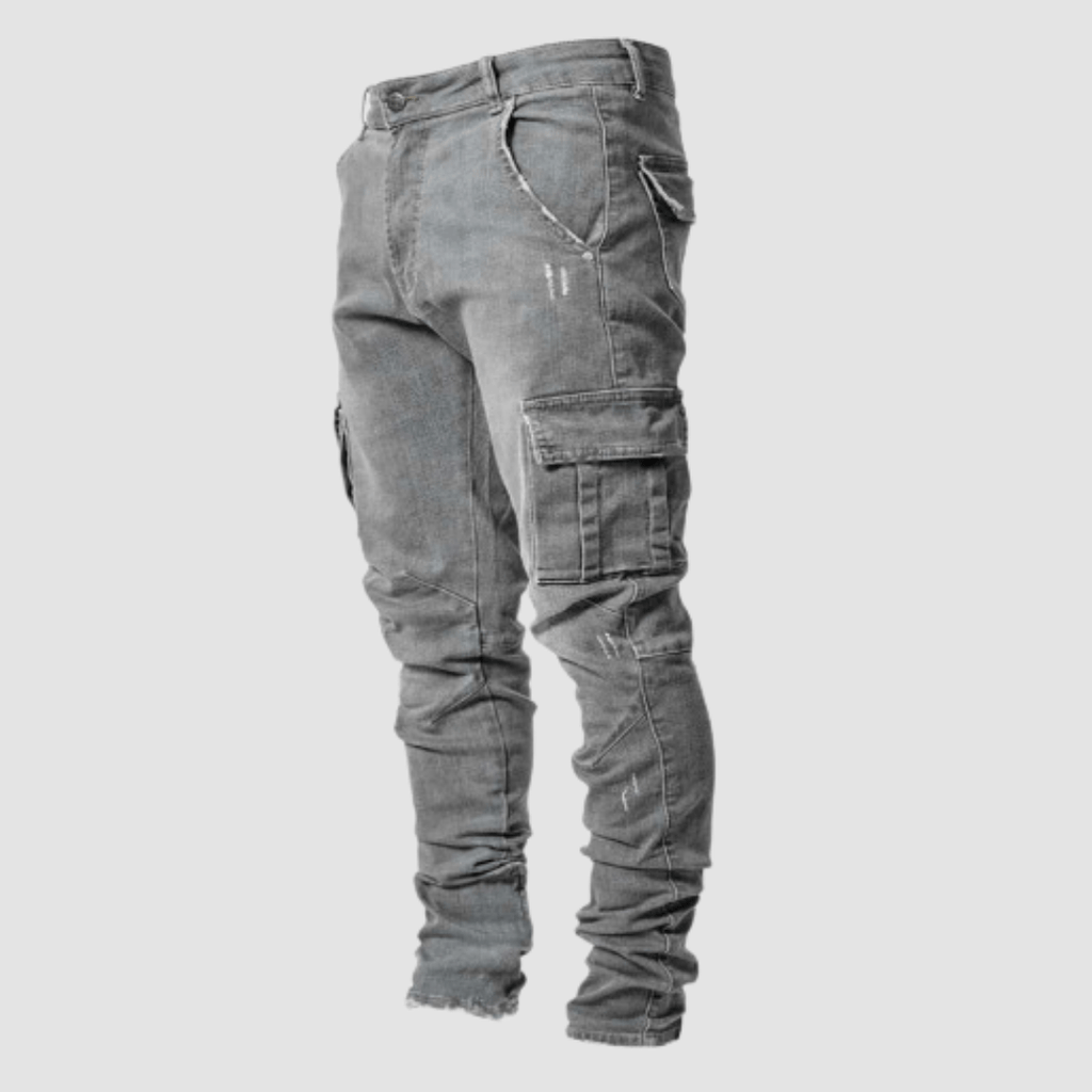 Men's Slim Fit Cargo Jeans Tapered Streetwear Denim Trousers