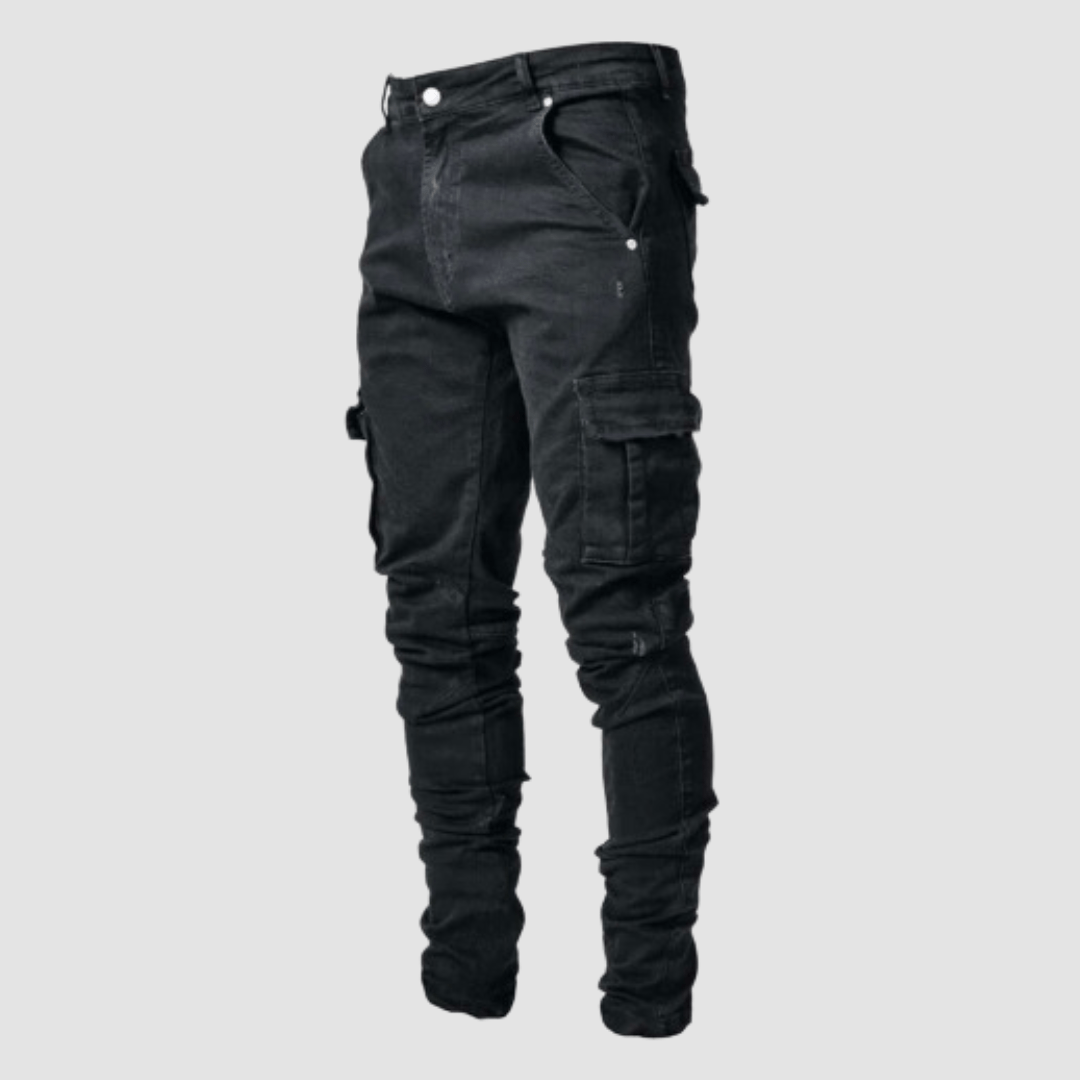 Men's Slim Fit Cargo Jeans Tapered Streetwear Denim Trousers