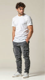 Men's Slim Fit Cargo Jeans Tapered Streetwear Denim Trousers