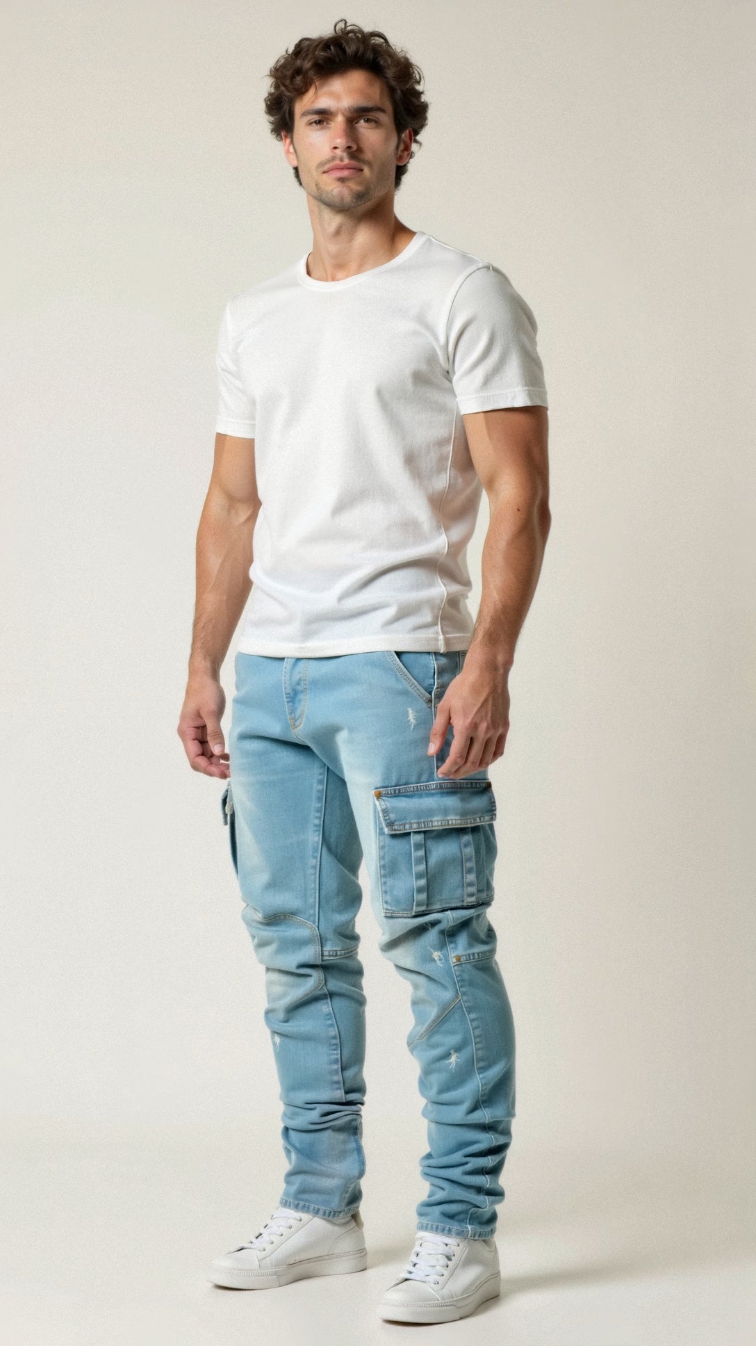 Men's Slim Fit Cargo Jeans Tapered Streetwear Denim Trousers