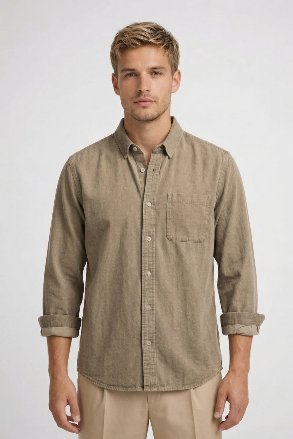 Men's Textured Shirt Rolled Sleeve Chest Pocket Casual Top