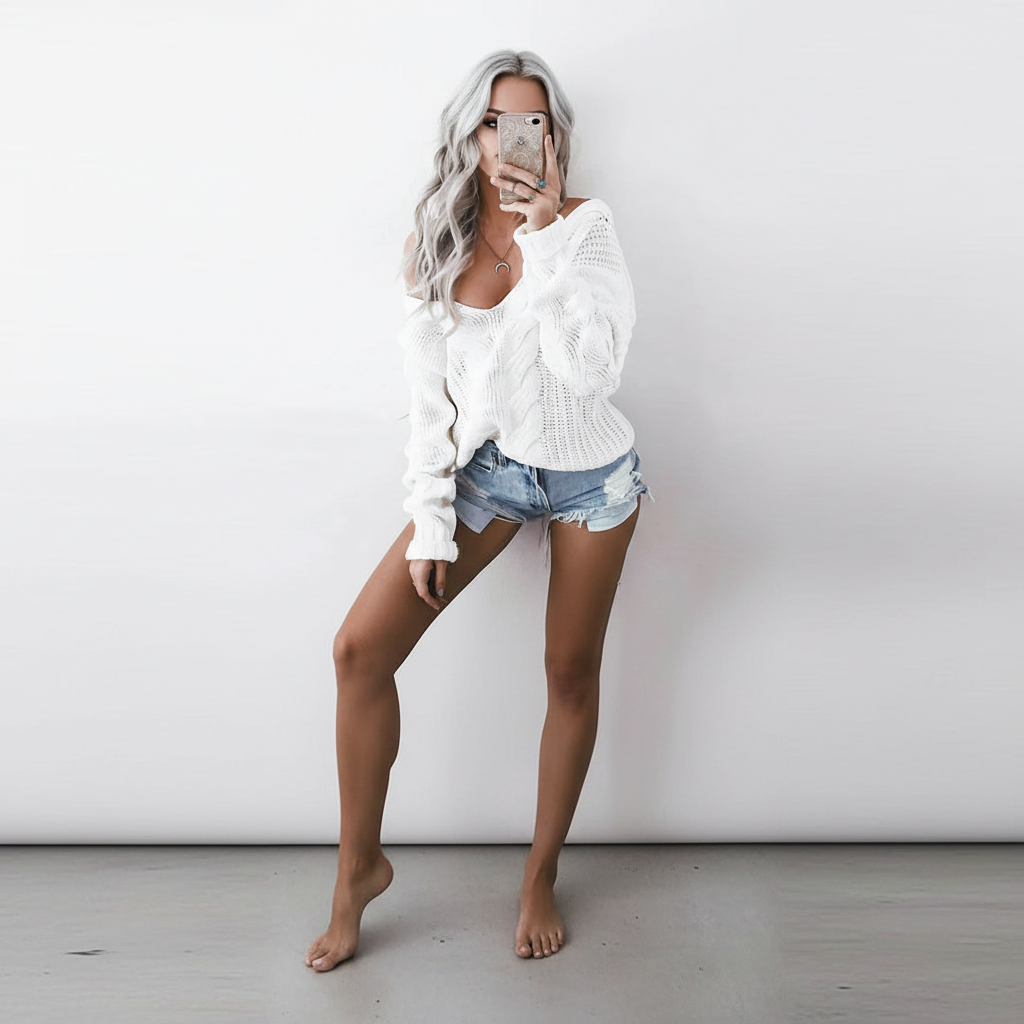 Women's Oversized Openwork Sweater with Cable Texture