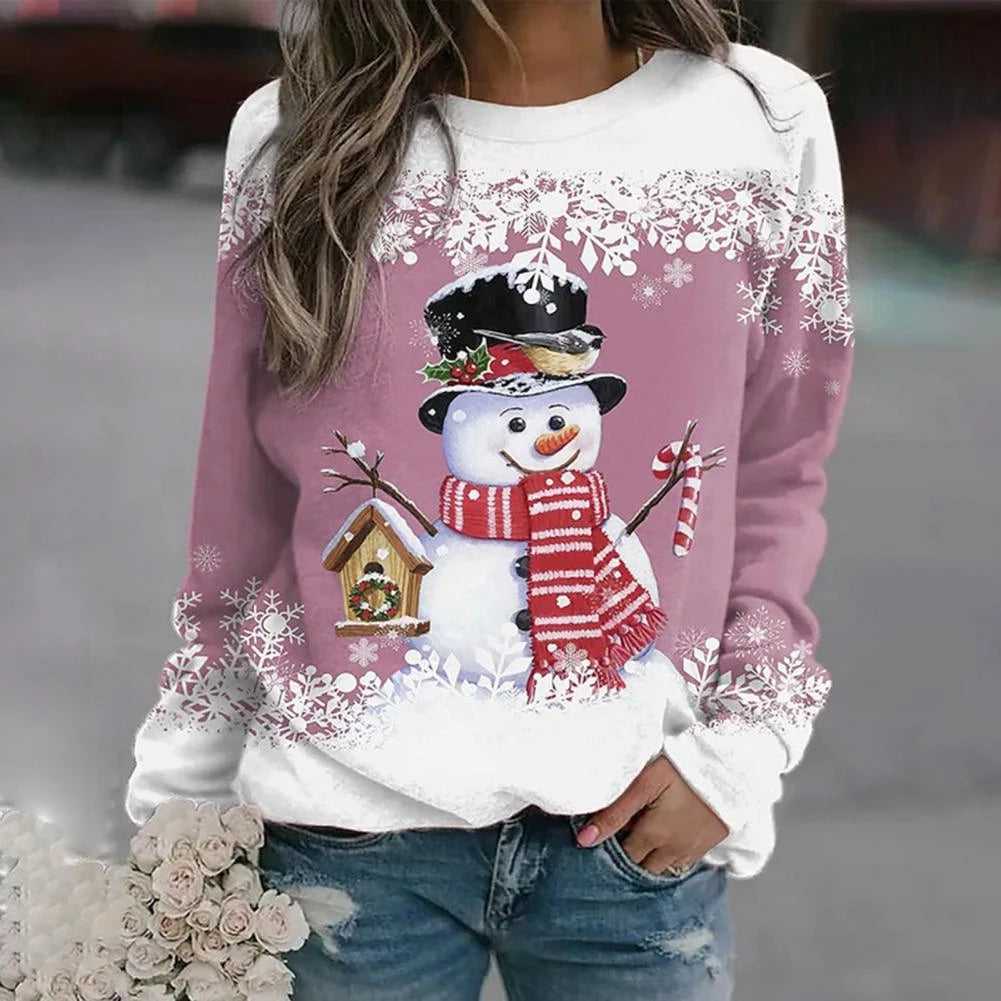 Women's Soft Knit Holiday Sweater with Snowman Design - Pink