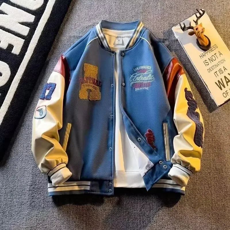 Men's Patchwork Jacket Embroidered Casual Button Up Lightweight Streetwear