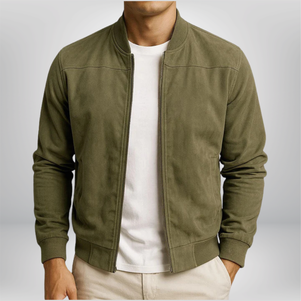 Men's Suede Leather Bomber Jacket Slim Fit Zip Up