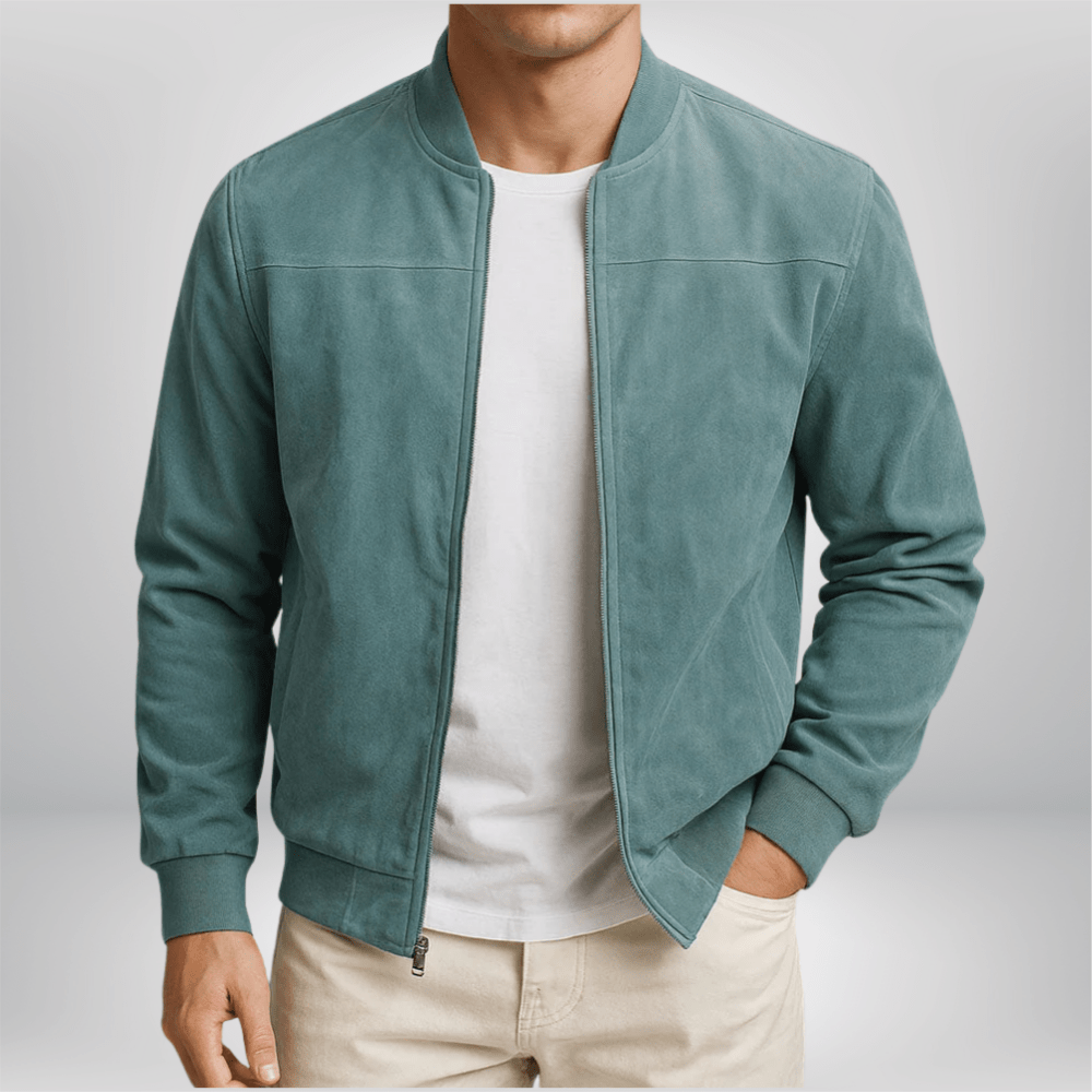 Men's Suede Leather Bomber Jacket Slim Fit Zip Up