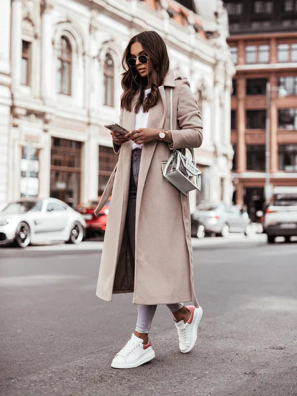 Women's Plain Wool Longline Coat for Office and Everyday - Beige