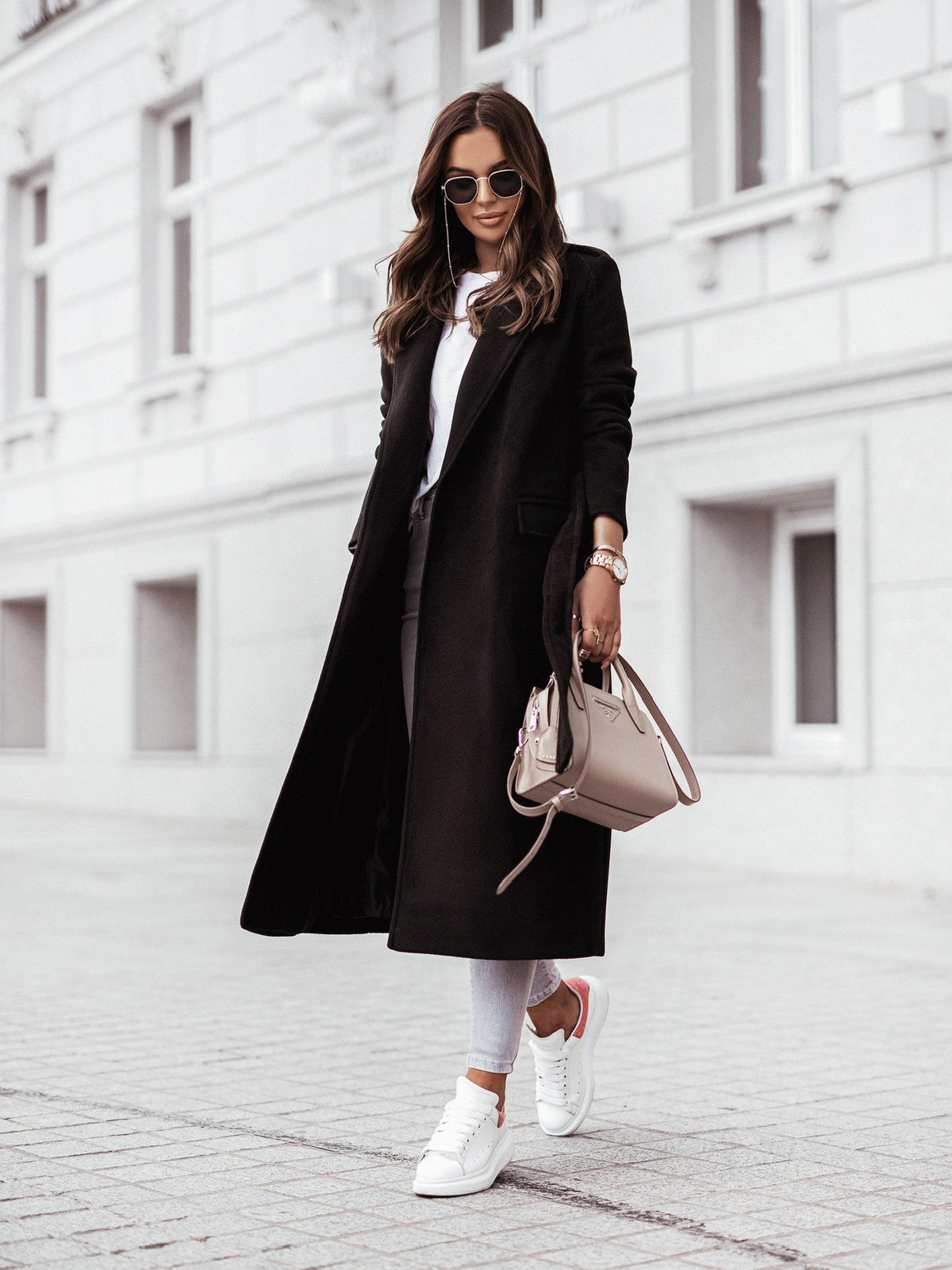 Women's Plain Wool Longline Coat for Office and Everyday - Black