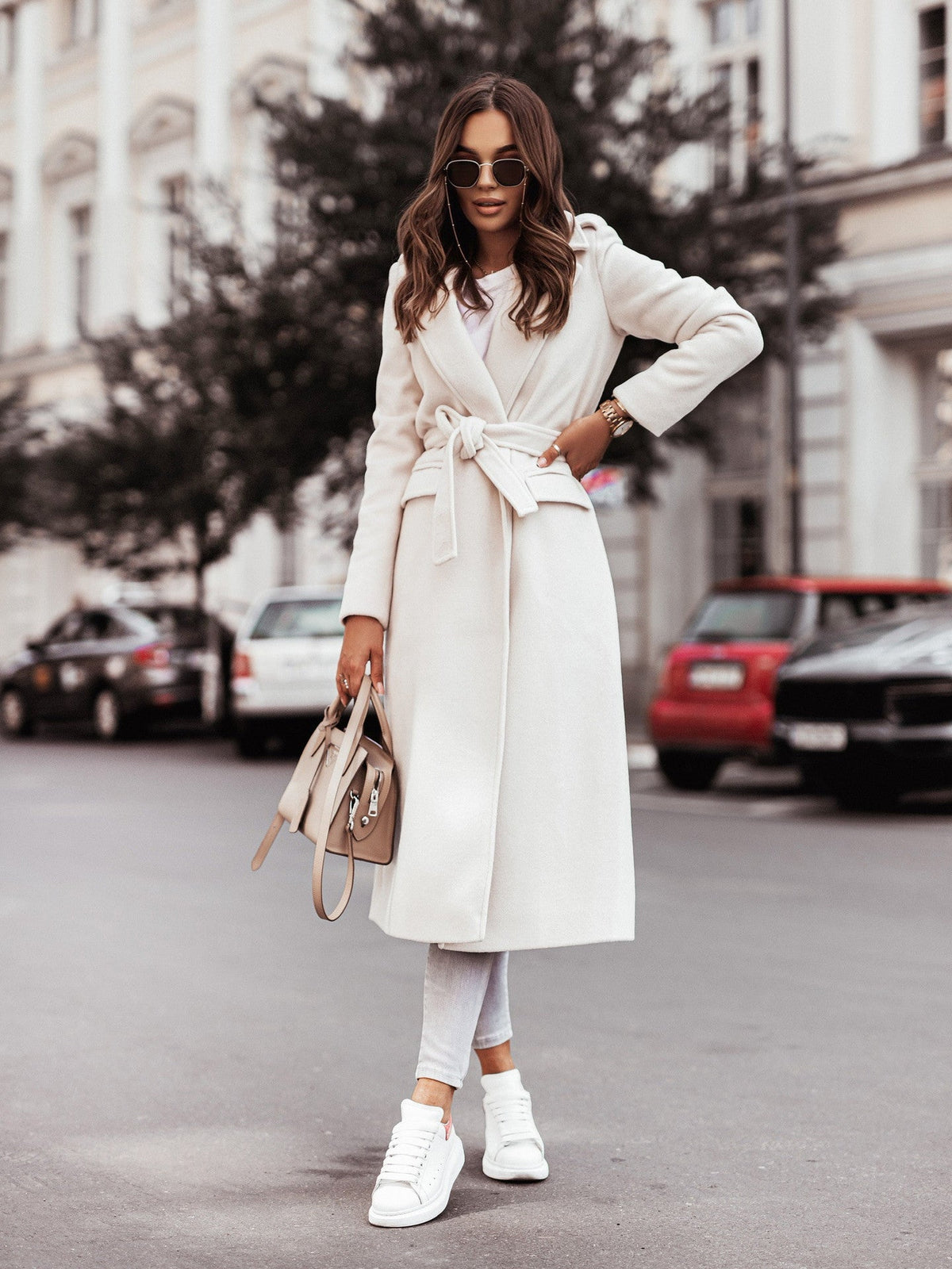 Women's Plain Wool Longline Coat for Office and Everyday - White