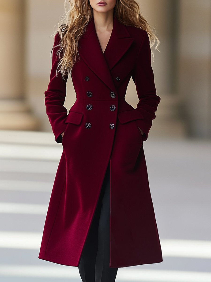 Women's Elegant Red Wool-Blend Coat with Lapels and Two-Row Buttons - Red