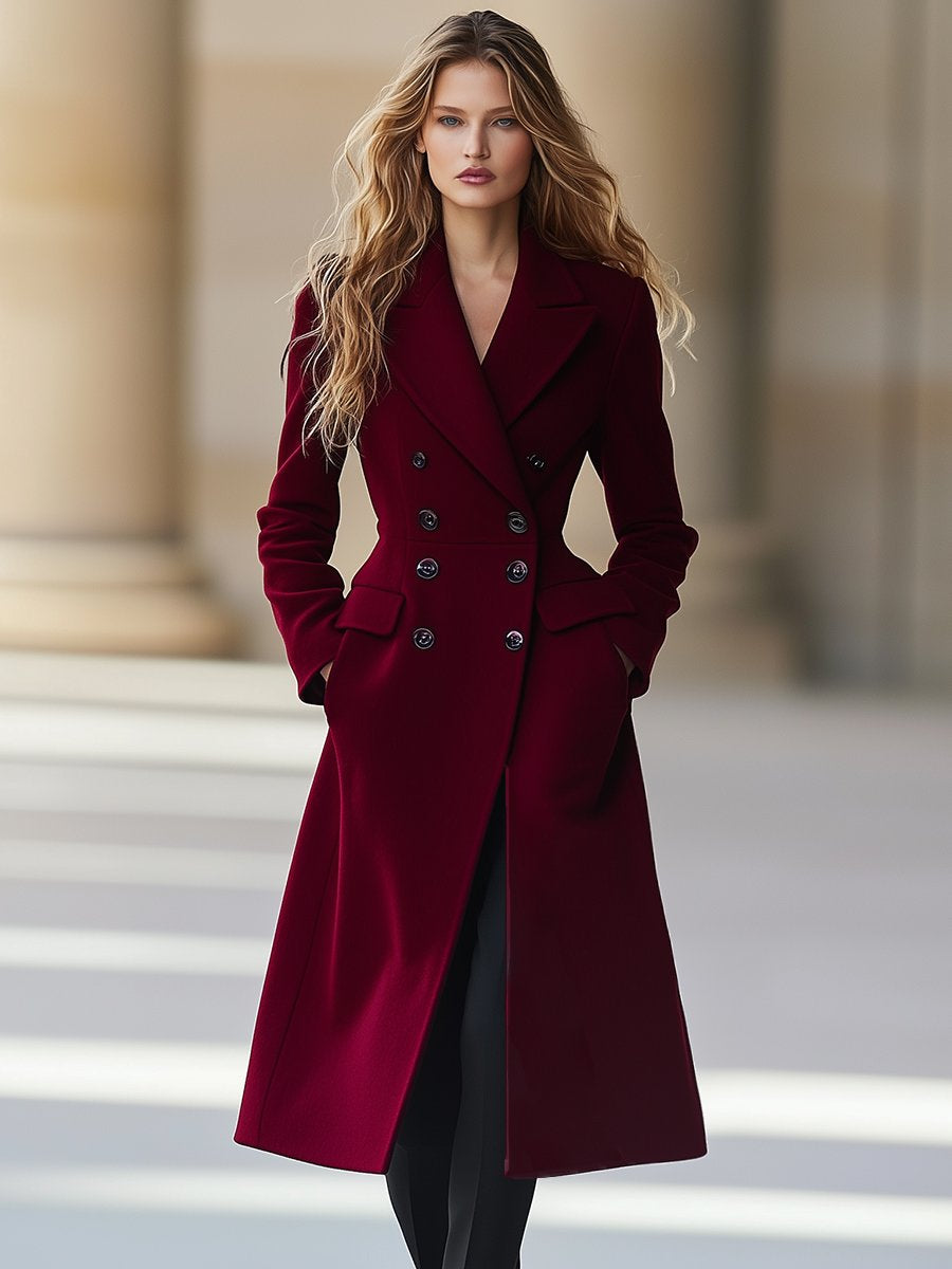 Women's Elegant Red Wool-Blend Coat with Lapels and Two-Row Buttons