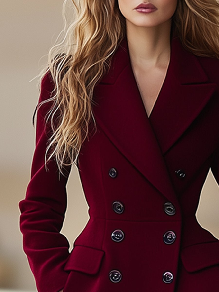 Women's Elegant Red Wool-Blend Coat with Lapels and Two-Row Buttons
