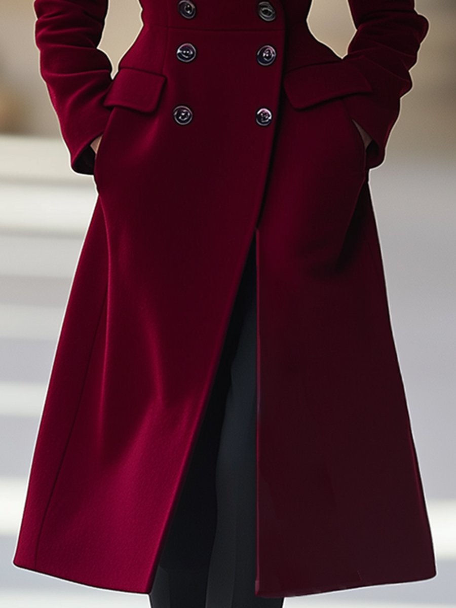 Women's Elegant Red Wool-Blend Coat with Lapels and Two-Row Buttons