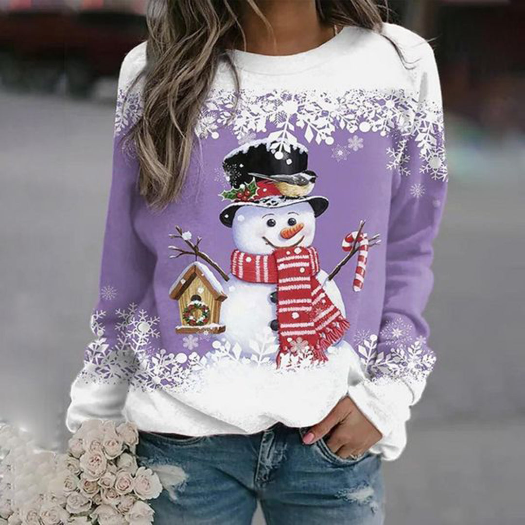 Women's Soft Knit Holiday Sweater with Snowman Design - Mauve