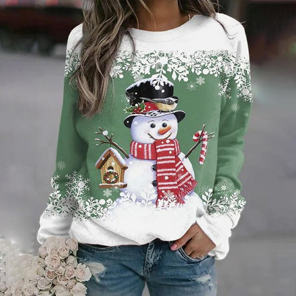 Women's Soft Knit Holiday Sweater with Snowman Design - Green