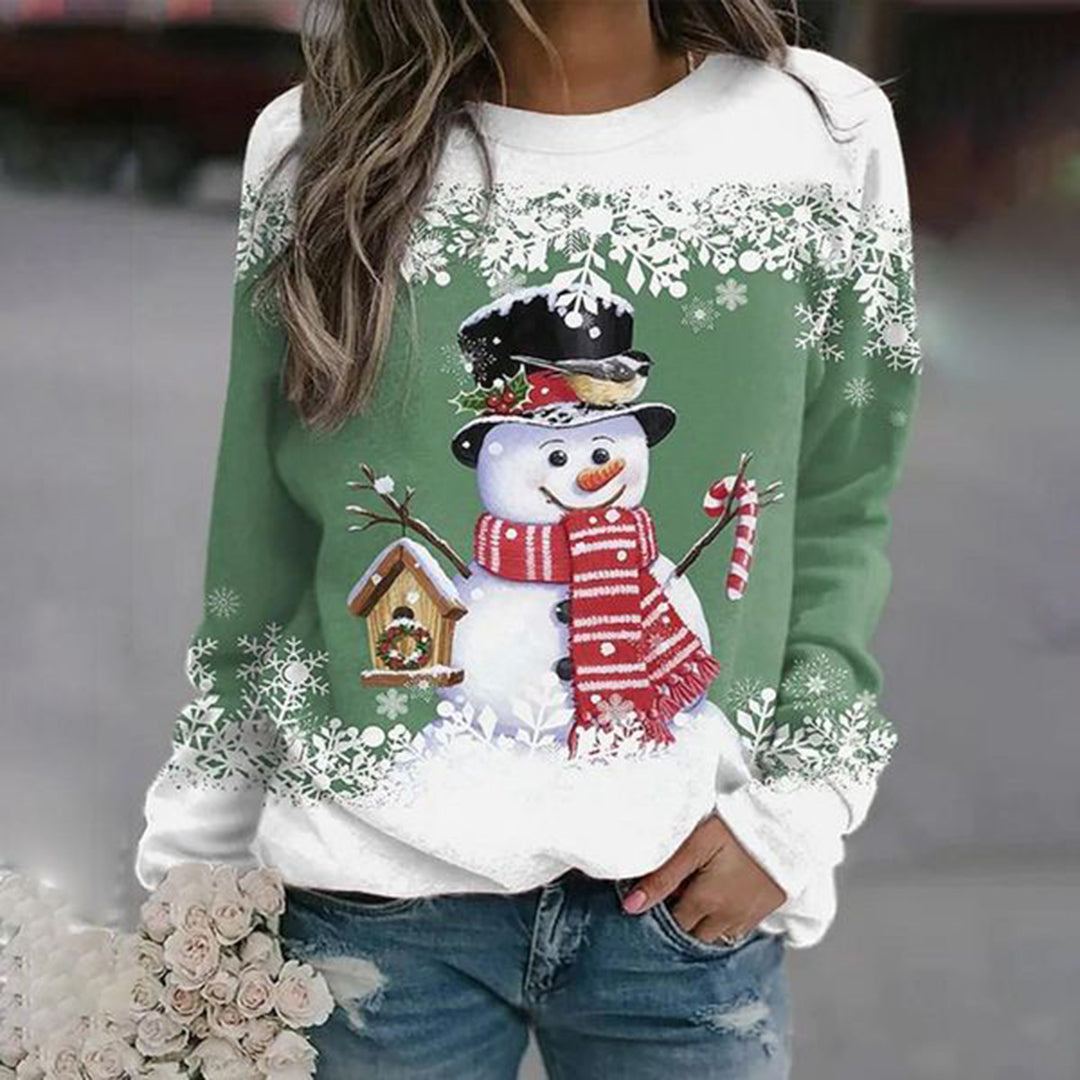 Women's Soft Knit Holiday Sweater with Snowman Design - Green