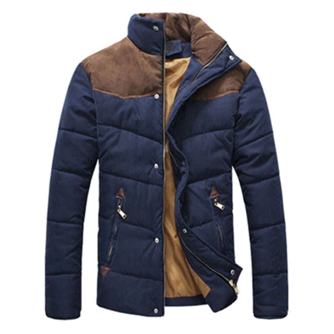 Men's Zip-and-Button Quilted Jacket With Two-Tone Shoulders - Navy Blue