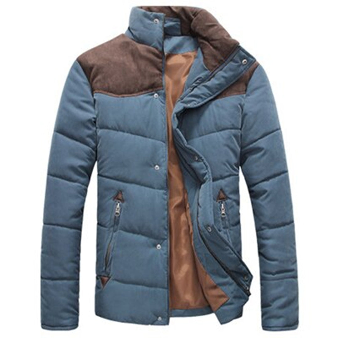 Men's Zip-and-Button Quilted Jacket With Two-Tone Shoulders - Blue
