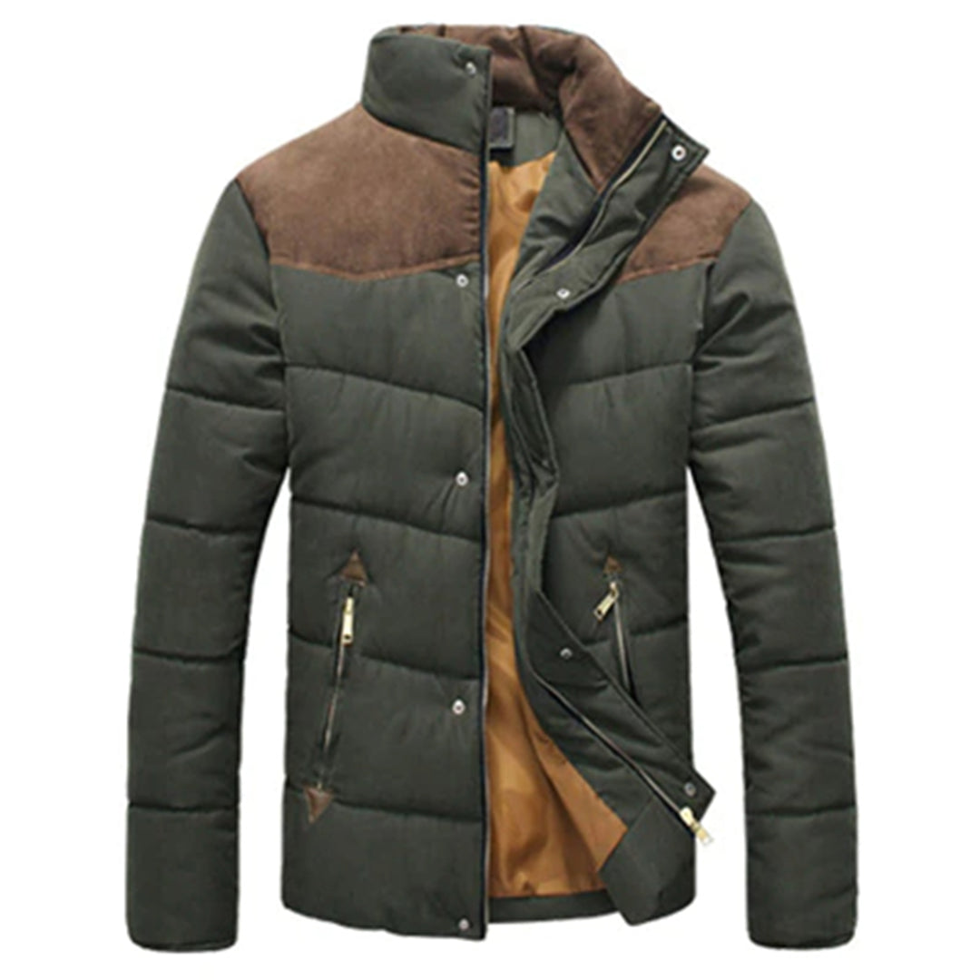 Men's Zip-and-Button Quilted Jacket With Two-Tone Shoulders - Olive Green