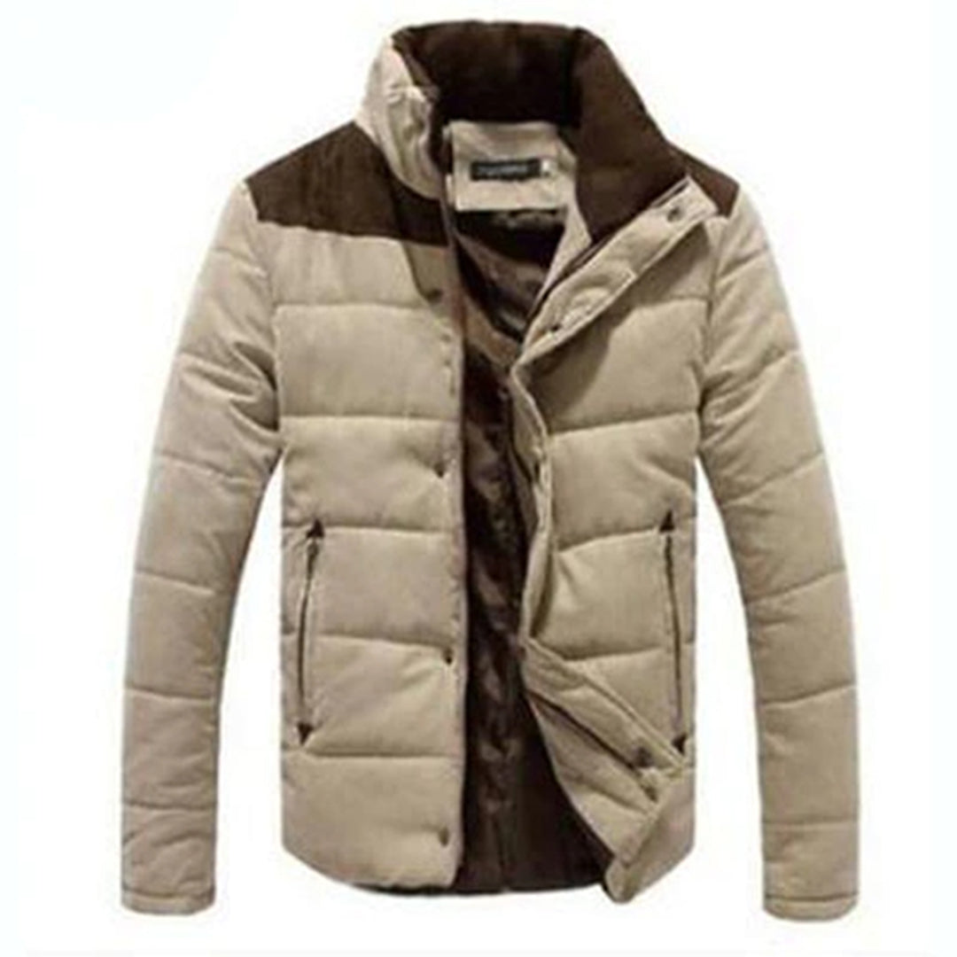 Men's Zip-and-Button Quilted Jacket With Two-Tone Shoulders - Khaki