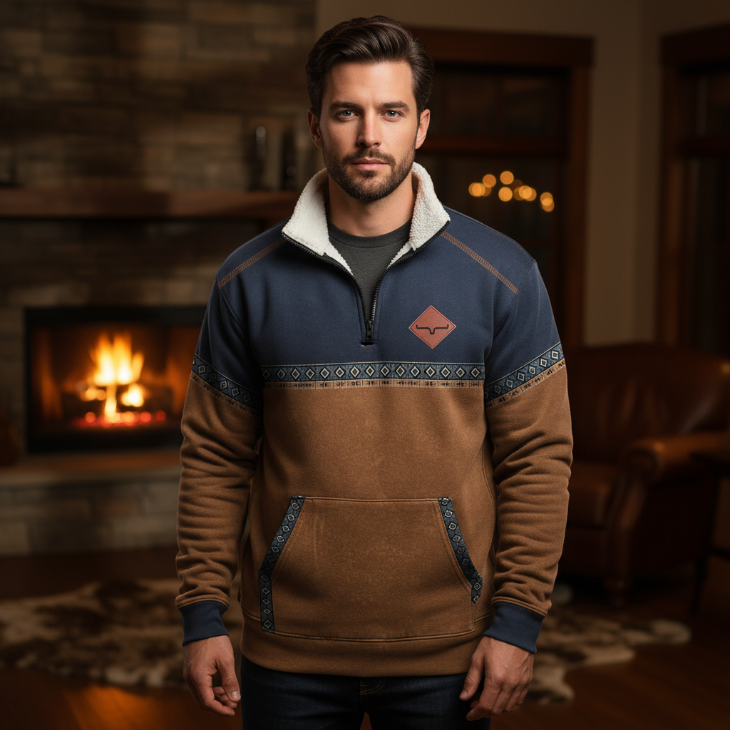 Men's Quarter Zip Fleece Sweater Sherpa Collar Printed Trim