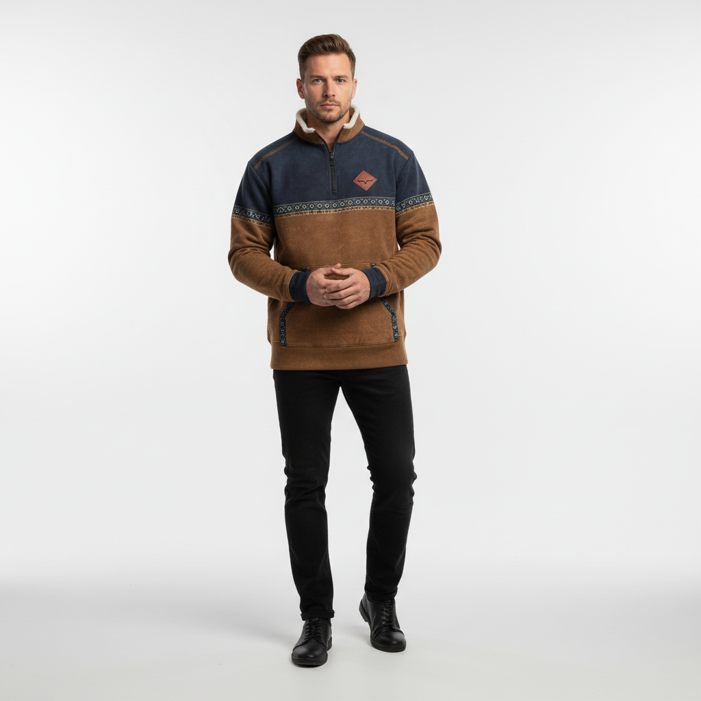 Men's Quarter Zip Fleece Sweater Sherpa Collar Printed Trim