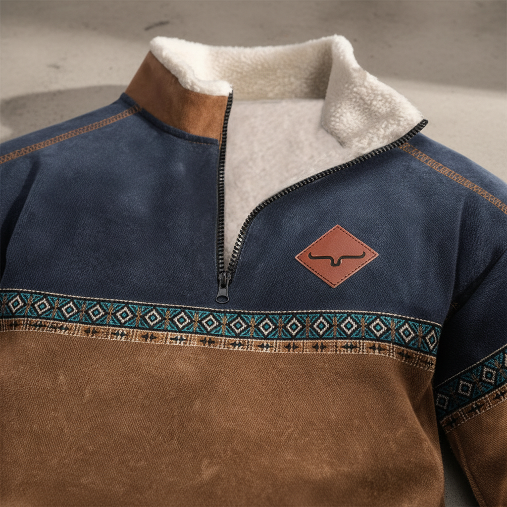 Men's Quarter Zip Fleece Sweater Sherpa Collar Printed Trim
