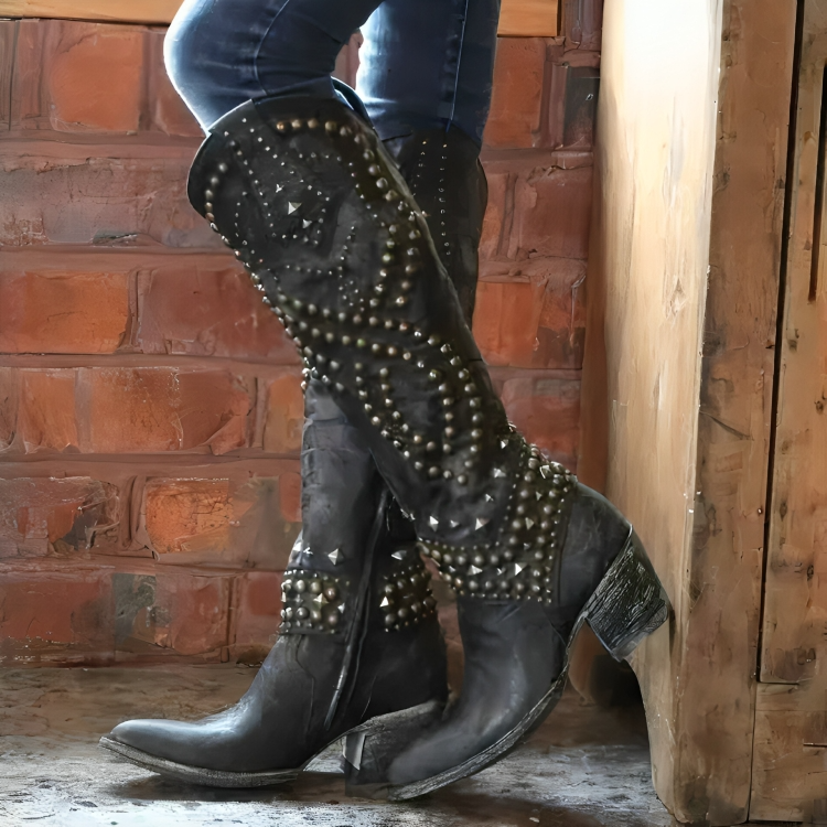 Women's Tall Studded Cowgirl Boots for Concerts and Weekends - Black